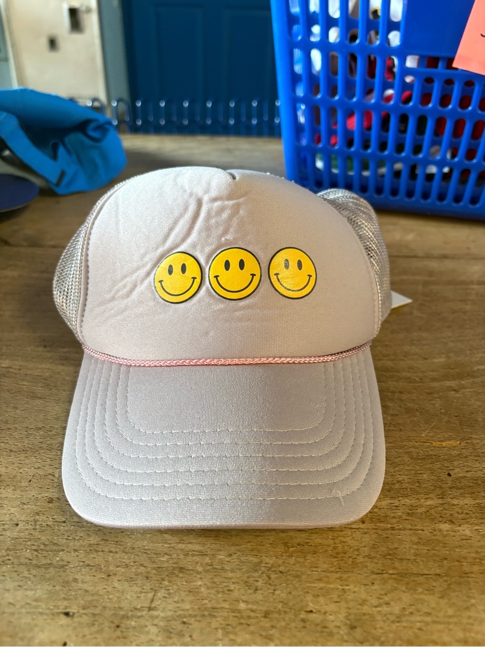OTTO Pink Mesh Trucker Hat with Yellow Smiley Faces